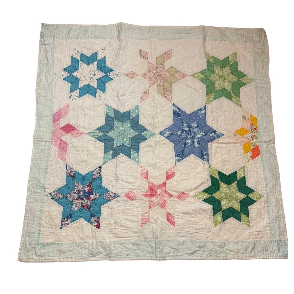 Vintage Handmade Star Patchwork Crib Quilt Multi Color Cotton Baby Blanket
